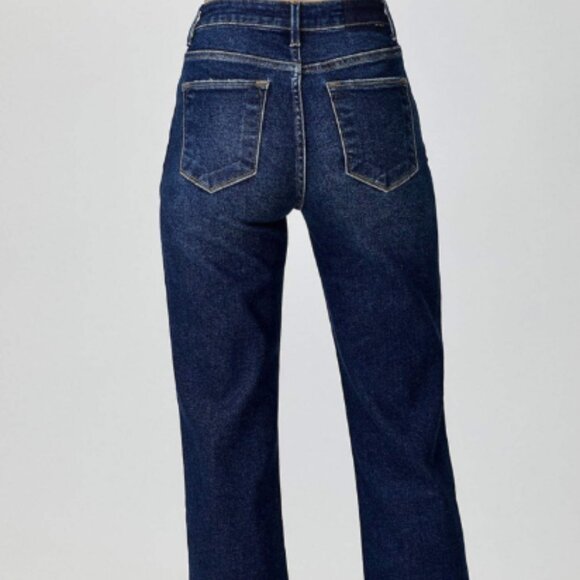 Risen Jeans High Rise Cross Over Straight Leg Dark Wash Jeans - Picture 3 of 7